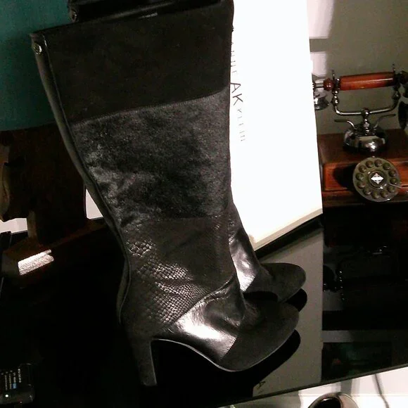 Anne Klein AK7 JamieLee Mixed Media Knee High Boots | Hair Calf Leather | Size 9 - Picture 6 of 11